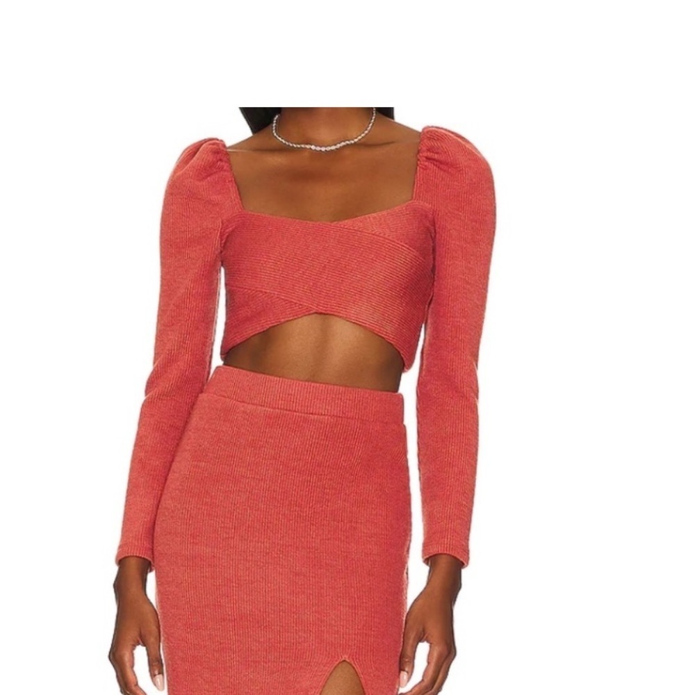 Revolve Saylor Sweater Cross Top Crop Longsleeve Knit Auburn Orange Fall Sz M